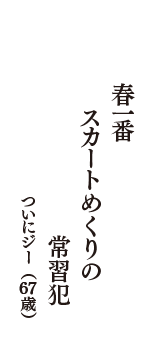 春一番　スカートめくりの　常習犯　（ついにジー　67歳）