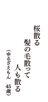 桜散る　髪の毛散って　人も散る　（ゆるざえもん　45歳）