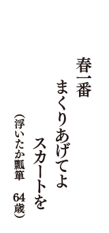 春一番　まくりあげてよ　スカートを　（浮いたか瓢箪　64歳）