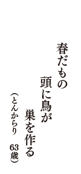春だもの　頭に鳥が　巣を作る　（とんからり　63歳）