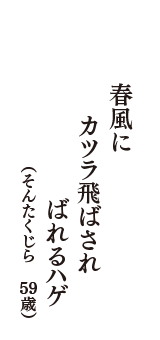 春風に　カツラ飛ばされ　ばれるハゲ　（そんたくじら　59歳）