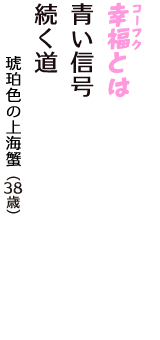 「幸福（コーフク）とは　青い信号　続く道」（琥珀色の上海蟹　38歳）